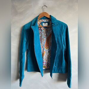 Trendy LAL Live a Little Teal Suede Leather Jacket Silver Accents Sz M
